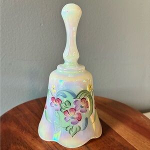 Vintage Fenton Art Glass Hand-Painted Bell Iridescent Floral - Signed S. Hopkins